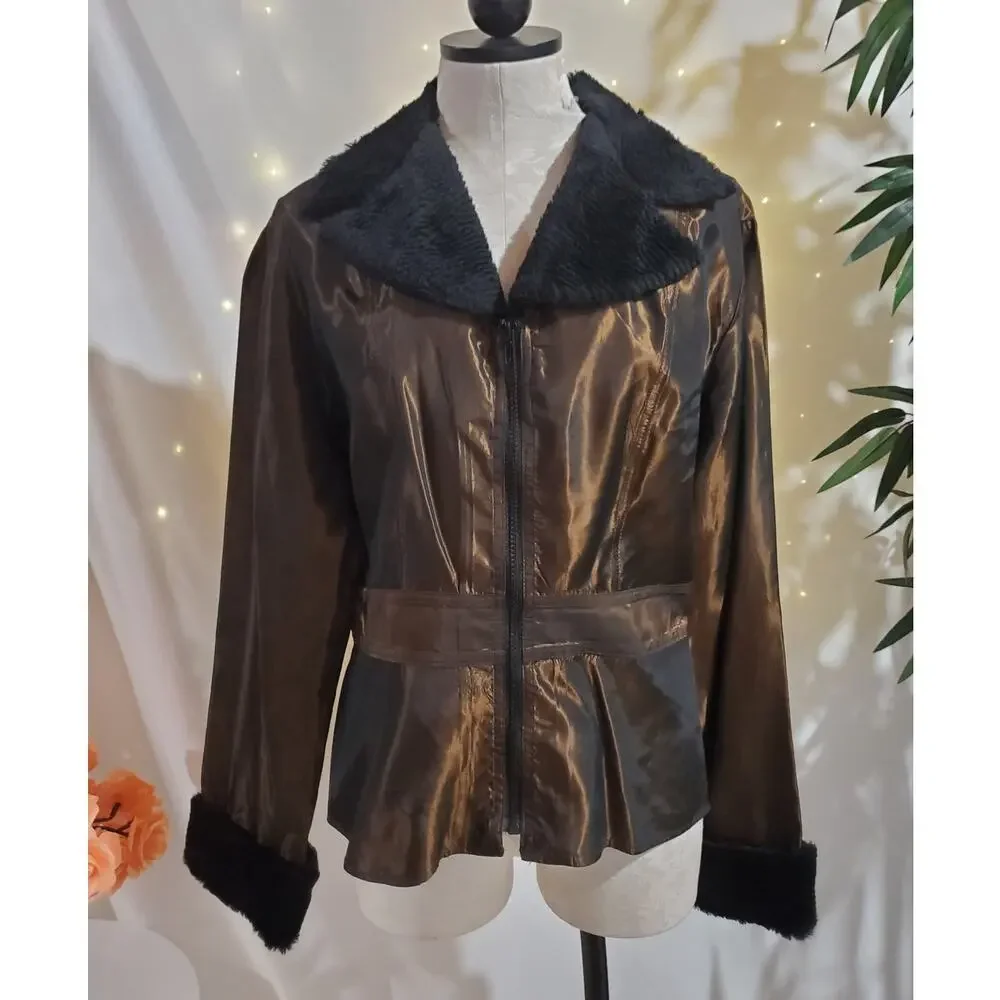 Vtg Point Blank Paris Blues 90s Y2K Iridescent Faux Fur Trim Zip Jacket Size L